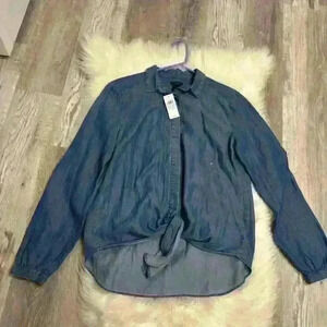 Ann Taylor factory chambray button down tie waist shirt size small